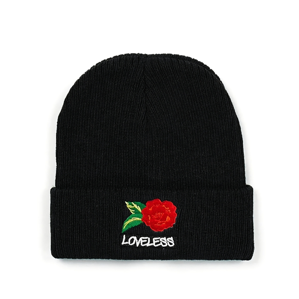 Reason Brand Loveless Black Beanie with Red Flower Embroidery OS NWT BA-2727